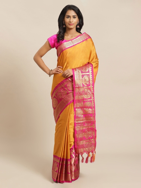 

Mitera Mustard Silk Blend Solid Banarasi Handloom Saree