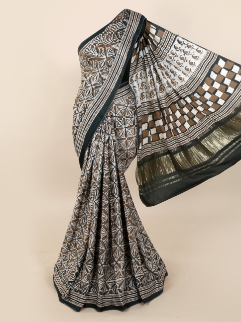 

Pothys Green & Brown Pure Silk Printed Dabu Saree