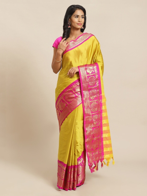 

Mitera Yellow & Pink Silk Blend Solid Banarasi Saree
