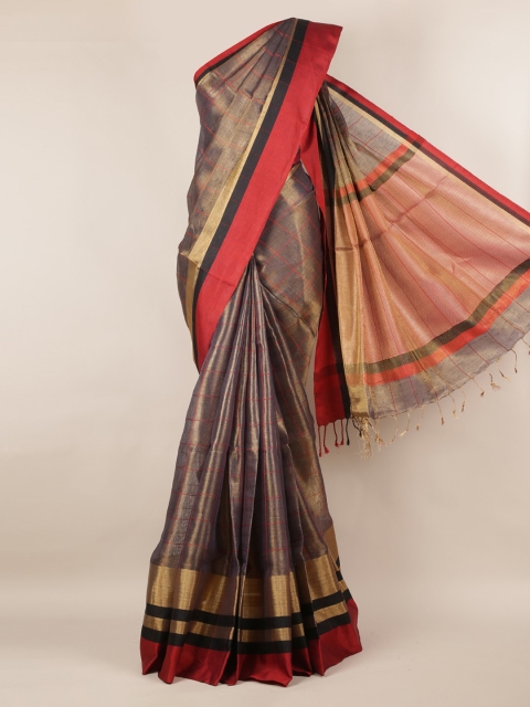 

Pothys Brown & Red Linen Blend Solid Saree