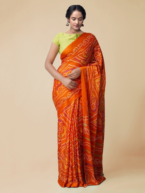 

Unnati Silks Orange Silk Blend Dyed Bandhani Saree