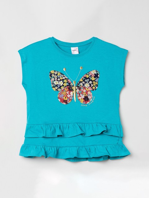 

max Girls Turquoise Blue & Pink Floral Printed Pure Cotton Top