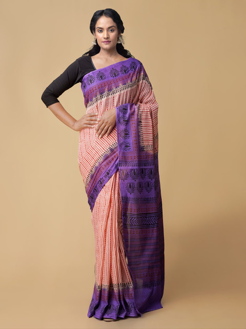 

Unnati Silks Purple Block Printed Chanderi Saree