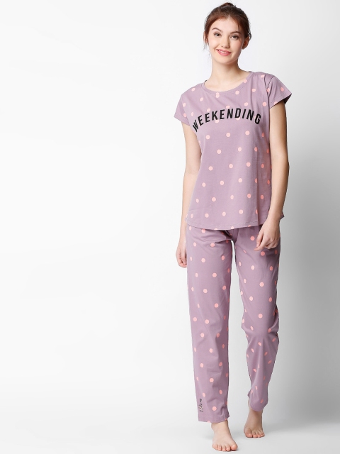 

I like me Women Lavender-Coloured & Pink Polka Dot Printed Night Suit
