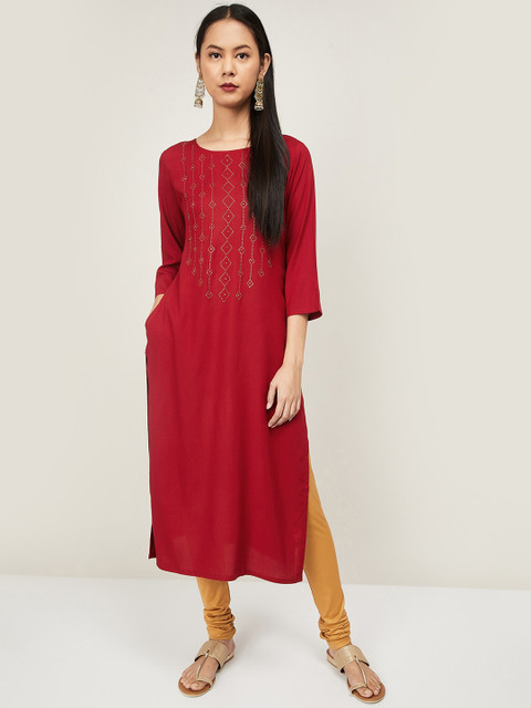 

Melange by Lifestyle Women Maroon & Gold-Coloured Geometric Embellished Kurta