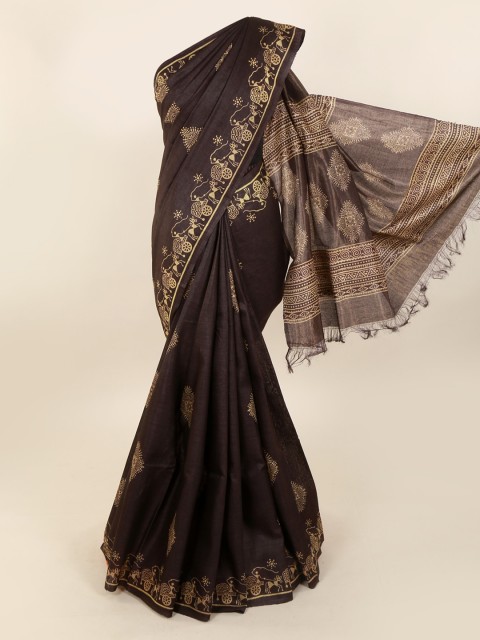 

Pothys Brown Pure Silk Printed Dabu Saree