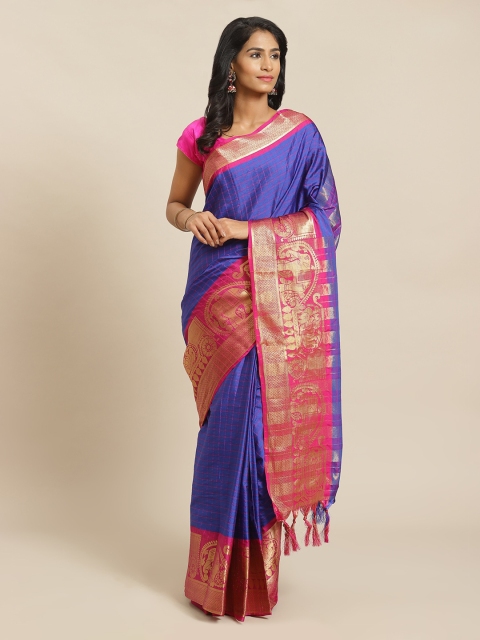 

Mitera Blue & Pink Silk Blend Solid Banarasi Saree