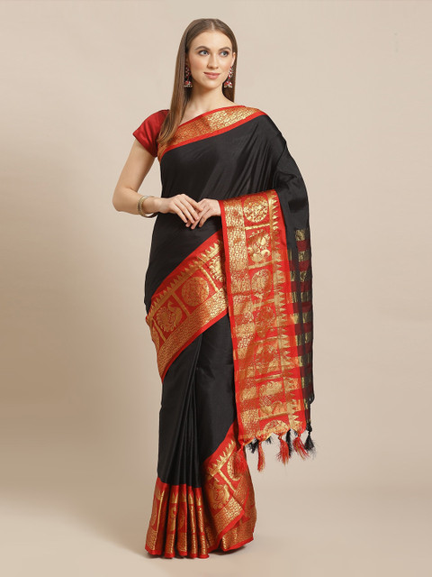 

Mitera Black & Orange Silk Blend Solid Banarasi Saree