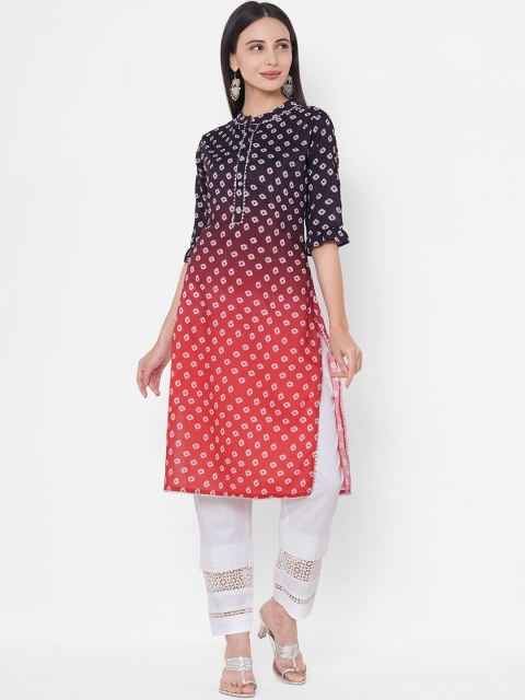 

FASHOR Women Navy Blue & Red Woven Design Straight Kurta