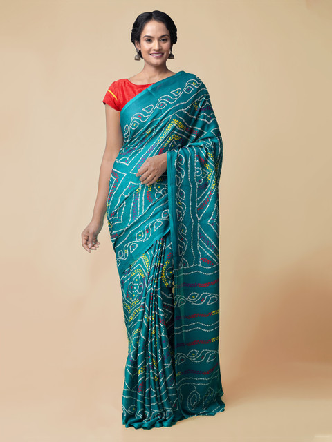 

Unnati Silks Green Silk Blend Printed Bandhani Saree