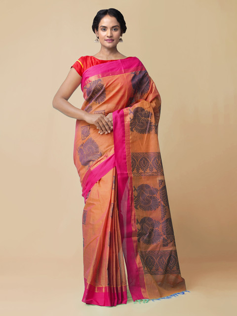 

Unnati Silks Orange & Blue Pure Cotton Printed Handloom Uppada Saree