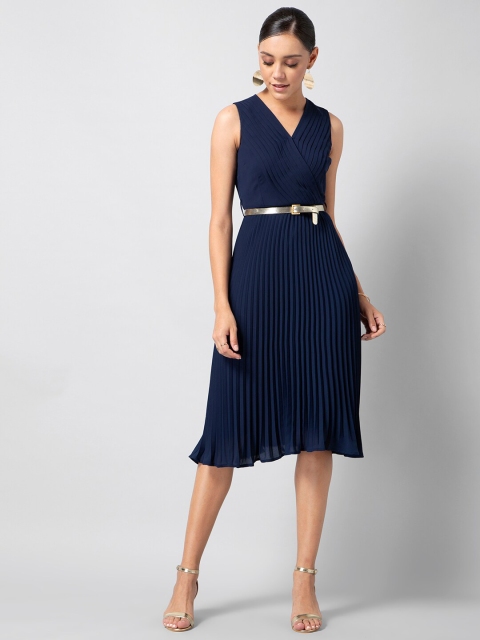 

FabAlley Women Navy Blue Self Design A-Line Dress