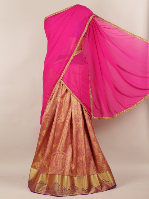 

Pothys Pink & Gold-Toned Poly Chiffon Woven Design Half Saree