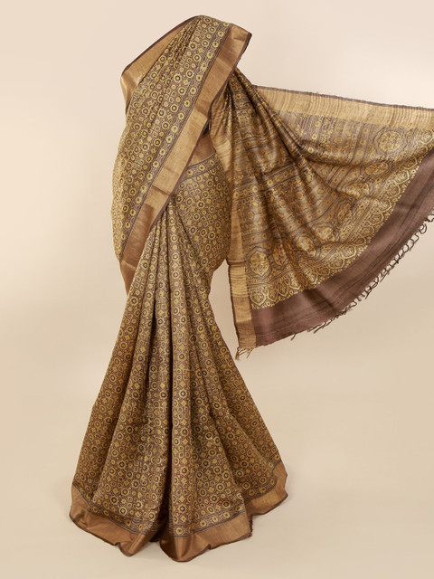 

Pothys Brown Pure Silk Printed Dabu Saree