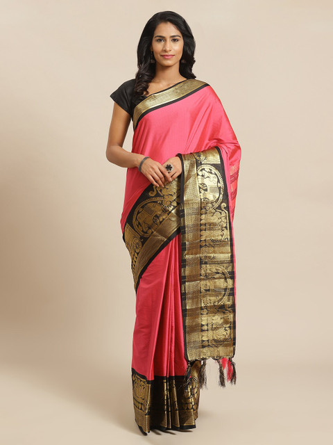 

Mitera Pink & Gold-Toned Silk Blend Solid Banarasi Saree