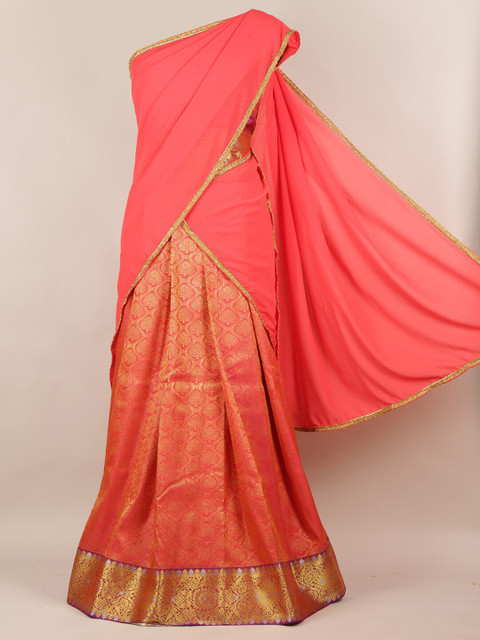 

Pothys Orange & Pink Poly Chiffon Woven Design Half Saree