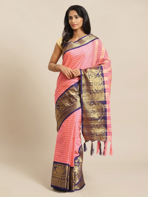 

Mitera Pink & Gold-Toned Silk Blend Checked Banarasi Saree
