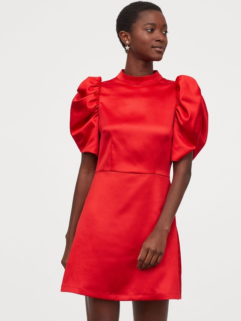 

H&M Women Red Solid Puff-sleeved satin dress