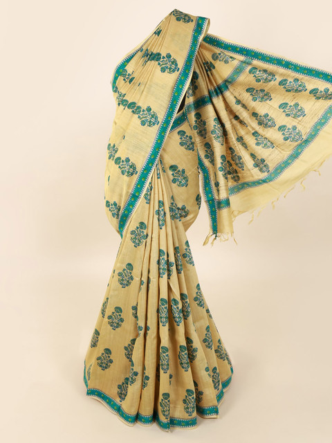 

Pothys Cream-Coloured & Green Pure Silk Phulkari Printed Saree