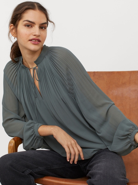 

H&M Women Green Pleated Chiffon Blouse