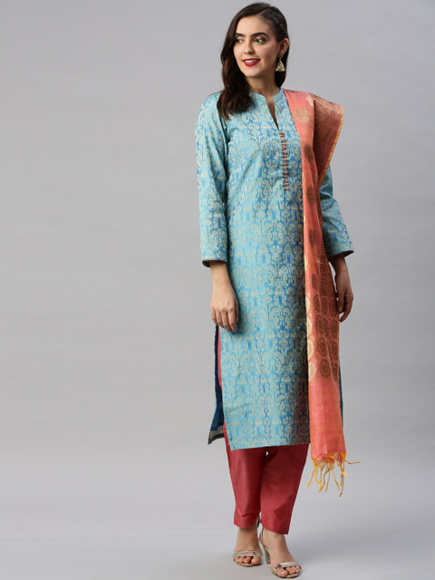 

Soch Blue & Peach-Coloured Cotton Blend Unstitched Dress Material