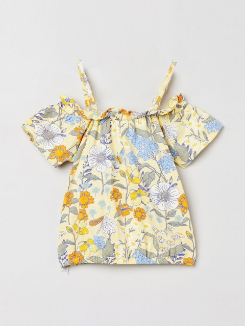 

max Girls Yellow Floral Printed Cold-Shoulder Sleeves Pure Cotton Bardot Top