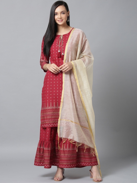 

Yufta Women Maroon Printed Kurta with Sharara & Dupatta