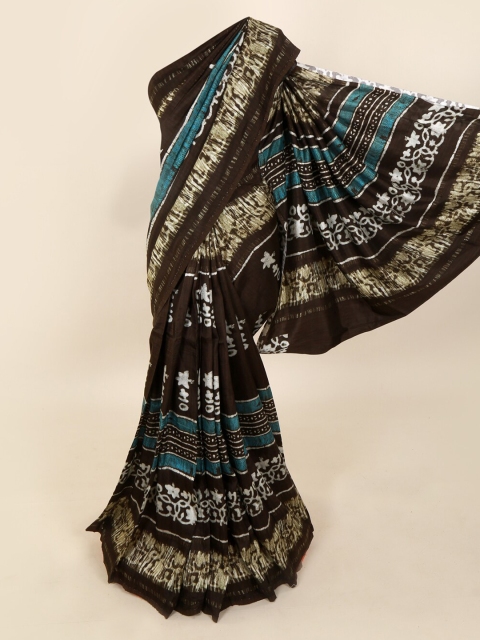 

Pothys Brown & Turquoise Blue Pure Silk Printed Dabu Saree