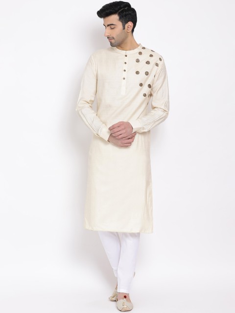 

DEVOILER Men Off White Kantha Work Straight Kurta