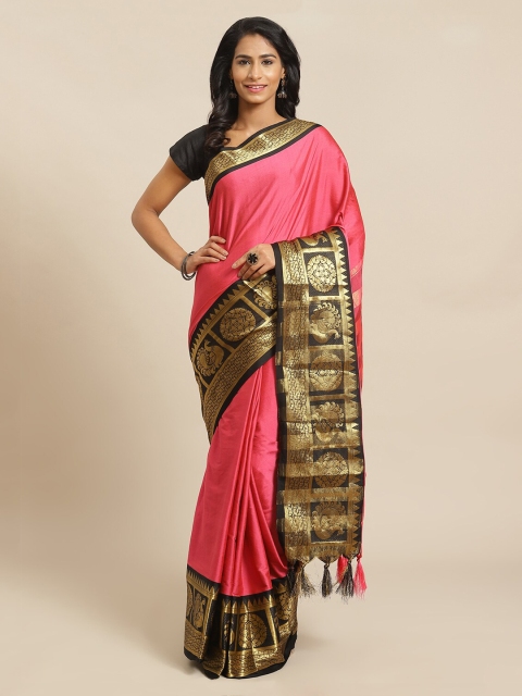 

Mitera Pink & Gold-Toned Silk Blend Solid Banarasi Saree