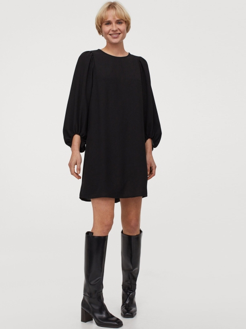 

H&M Women Black Solid Balloon-sleeved dress