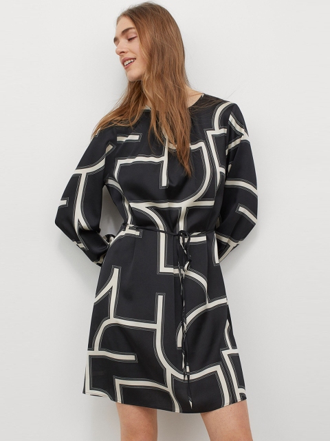 

H&M Women Black & White Printed Satin A- Line Dress