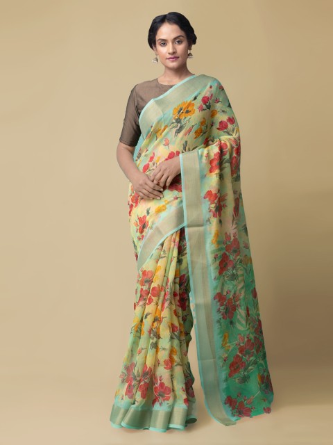 

Unnati Silks Yellow Silk Cotton Printed Chanderi Saree