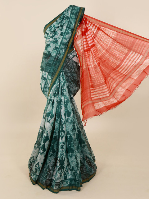 

Pothys Green & Red Pure Silk Phulkari Printed Saree