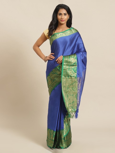 

Mitera Blue & Green Silk Blend Solid Banarasi Saree