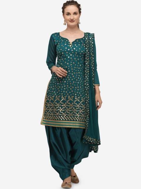 

Ethnic Junction Teal & Gold-Toned Silk Blend Unstitched Dress Material