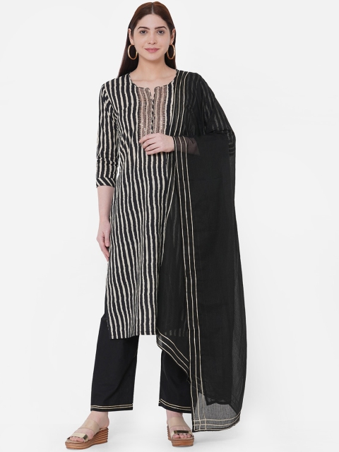 

FASHOR Women Black & Cream-Coloured Striped Kurta with Palazzos & Dupatta