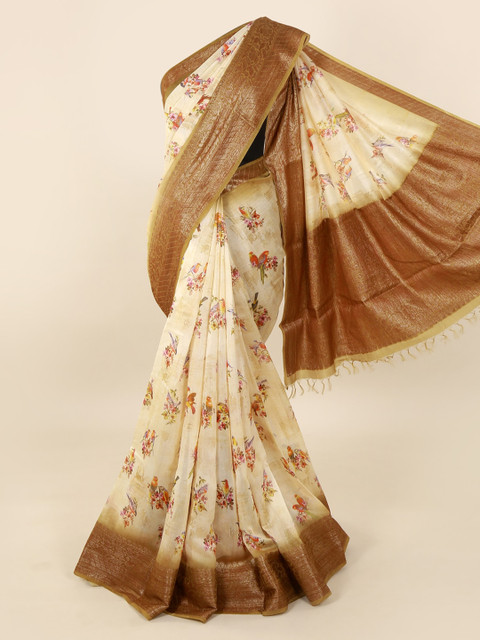 

Pothys Cream-Coloured & Copper-Toned Pure Silk Phulkari Printed Saree With Zari Border