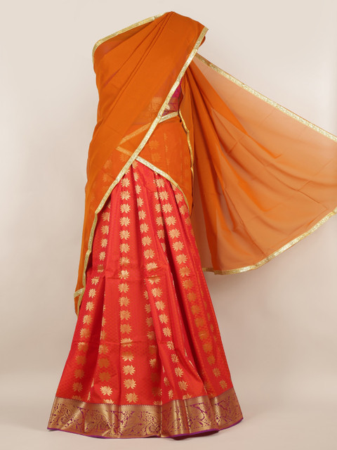 

Pothys Brown & Orange Poly Chiffon Woven Design Half Saree