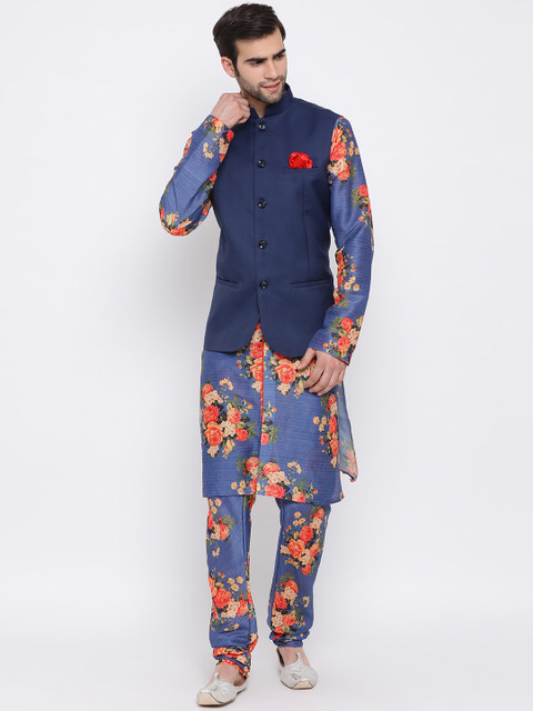 

VASTRAMAY Men Blue & Orange Printed Kurta with Trousers & Nehru Jacket