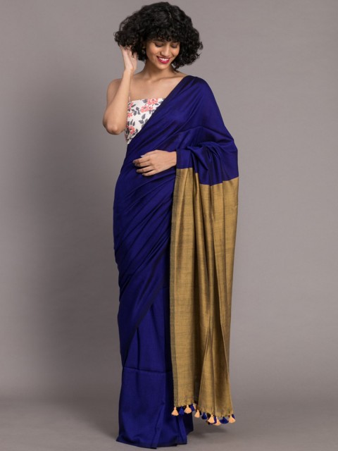 

Suta Navy Blue & Gold-Coloured Cotton Blend Solid Saree
