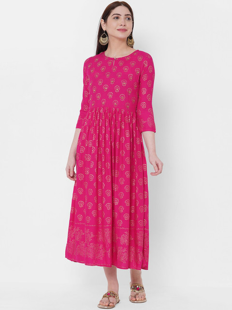 

FASHOR Women Pink Printed Fit and Flare Dress