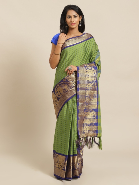

Mitera Green & Gold-Toned Silk Blend Checked Banarasi Saree
