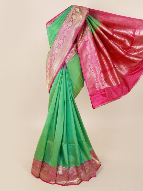 

Pothys Green & Gold-Toned Pure Silk Solid Saree With Zari Border