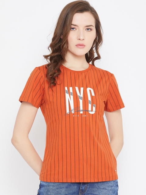 

Octave Women Orange Striped Round Neck T-shirt
