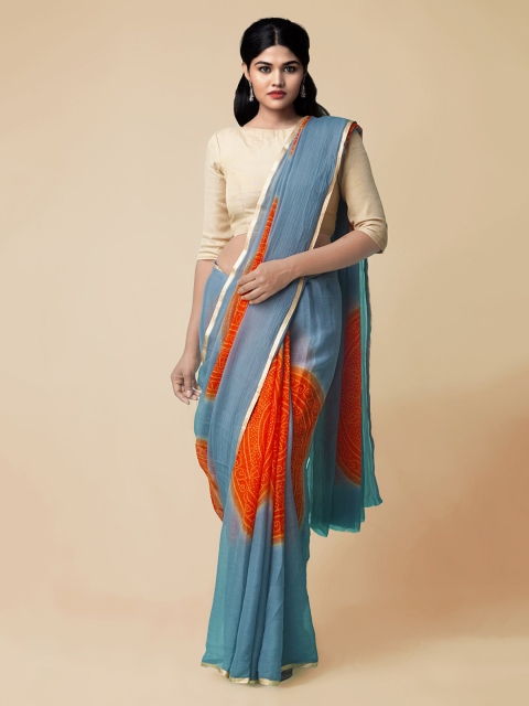

Unnati Silks Orange & Blue Pure Chiffon Printed Patola Saree