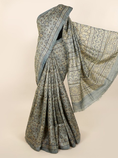 

Pothys Grey Pure Silk Printed Dabu Saree
