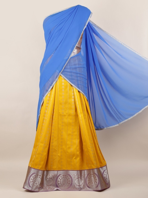 

Pothys Blue & Yellow Poly Chiffon Striped Half Saree