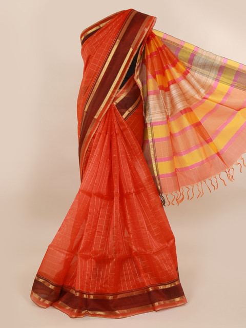 

Pothys Orange Checked Jute Silk Saree