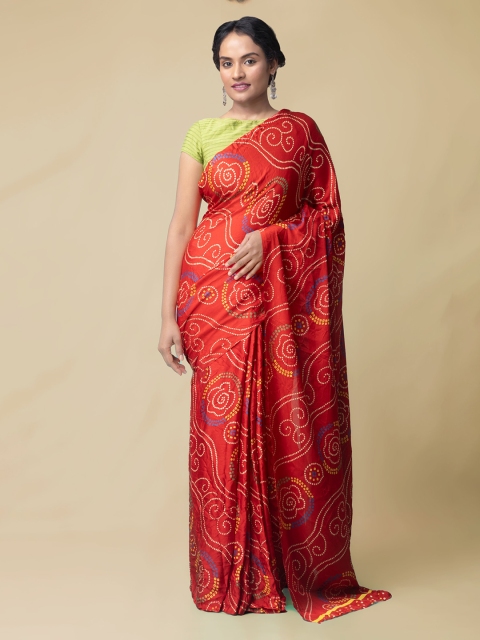 

Unnati Silks Red Silk Blend Dyed Bandhani Saree